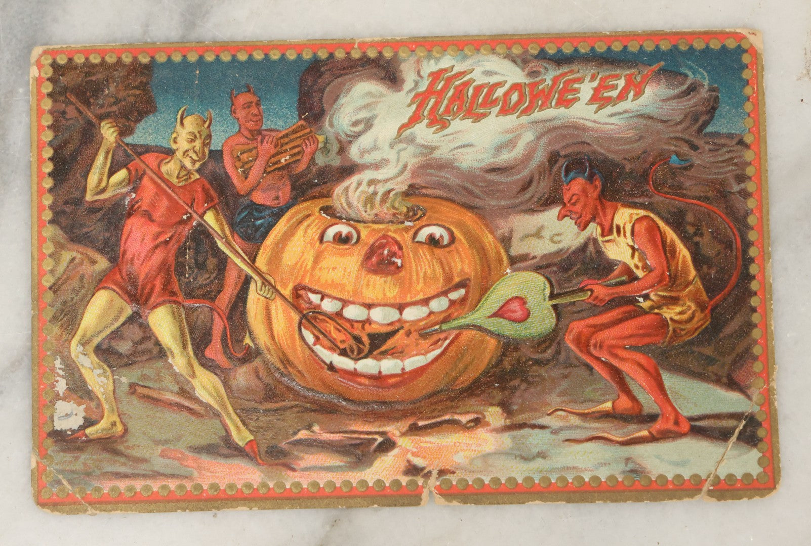 Lot 043 - Antique Halloween Postcard With Devils, Jack-O-Lantern J.O.L. Pumpkin, By Raphael Tuck & Sons, Series No. 160, Postmarked, Fair Condition