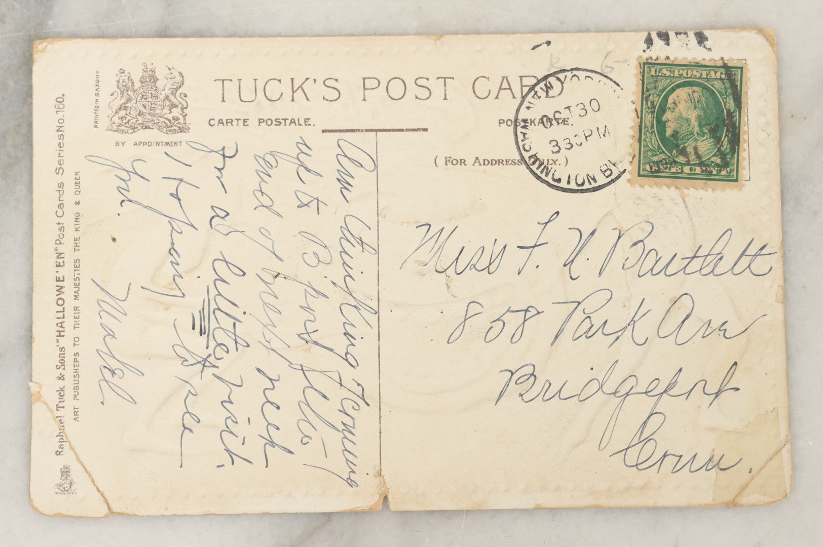 Lot 043 - Antique Halloween Postcard With Devils, Jack-O-Lantern J.O.L. Pumpkin, By Raphael Tuck & Sons, Series No. 160, Postmarked, Fair Condition