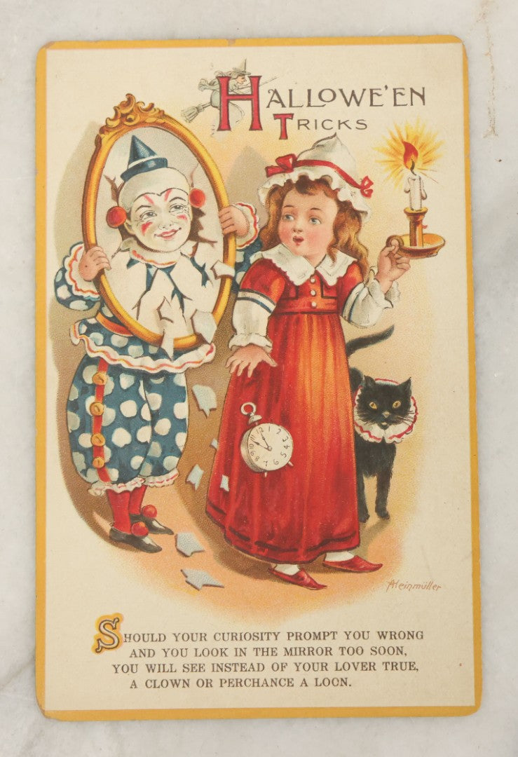 Lot 044 - Antique Halloween Postcard With Clown, Black Cat, Illustrated By A. Heinmuller, International Art Publishing Co., Printed In Germany, Series No. 1002, Not Postmarked