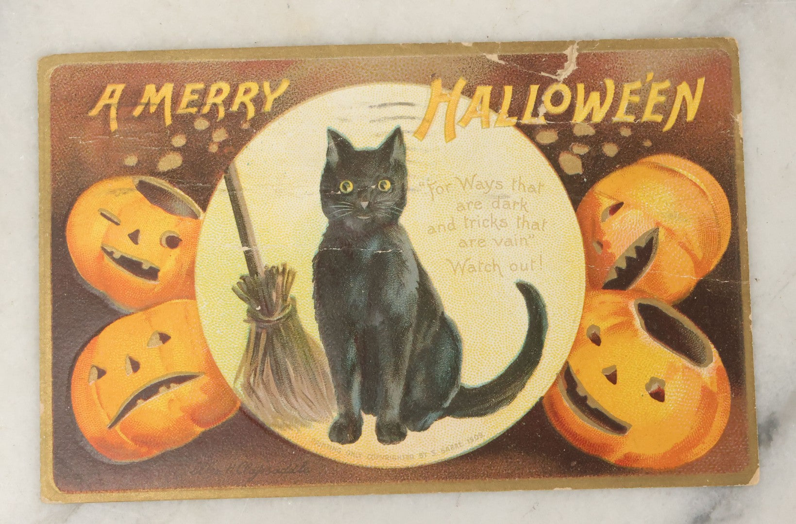 Lot 045 - Antique Halloween Postcard With Black Cat, Jack-O-Lanterns J.O.L. Pumpkins, Illustrated By Ellen H. Clapsaddle, Printed In Germany, Postmarked 1909, Fair Condition