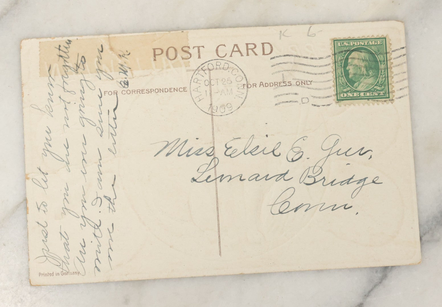 Lot 045 - Antique Halloween Postcard With Black Cat, Jack-O-Lanterns J.O.L. Pumpkins, Illustrated By Ellen H. Clapsaddle, Printed In Germany, Postmarked 1909, Fair Condition