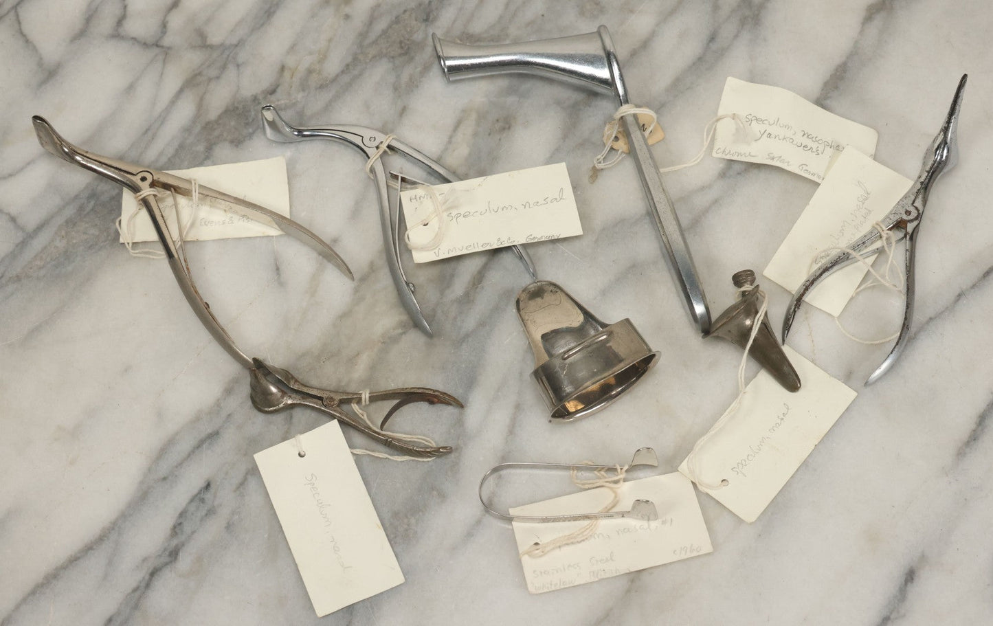 Lot 050 - Grouping Of Eight Vintage Nasal Speculums Medical Devices, With Paper Identification Tags