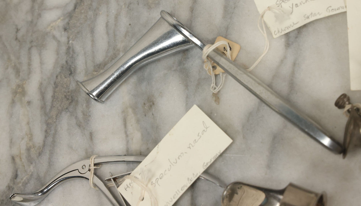 Lot 050 - Grouping Of Eight Vintage Nasal Speculums Medical Devices, With Paper Identification Tags