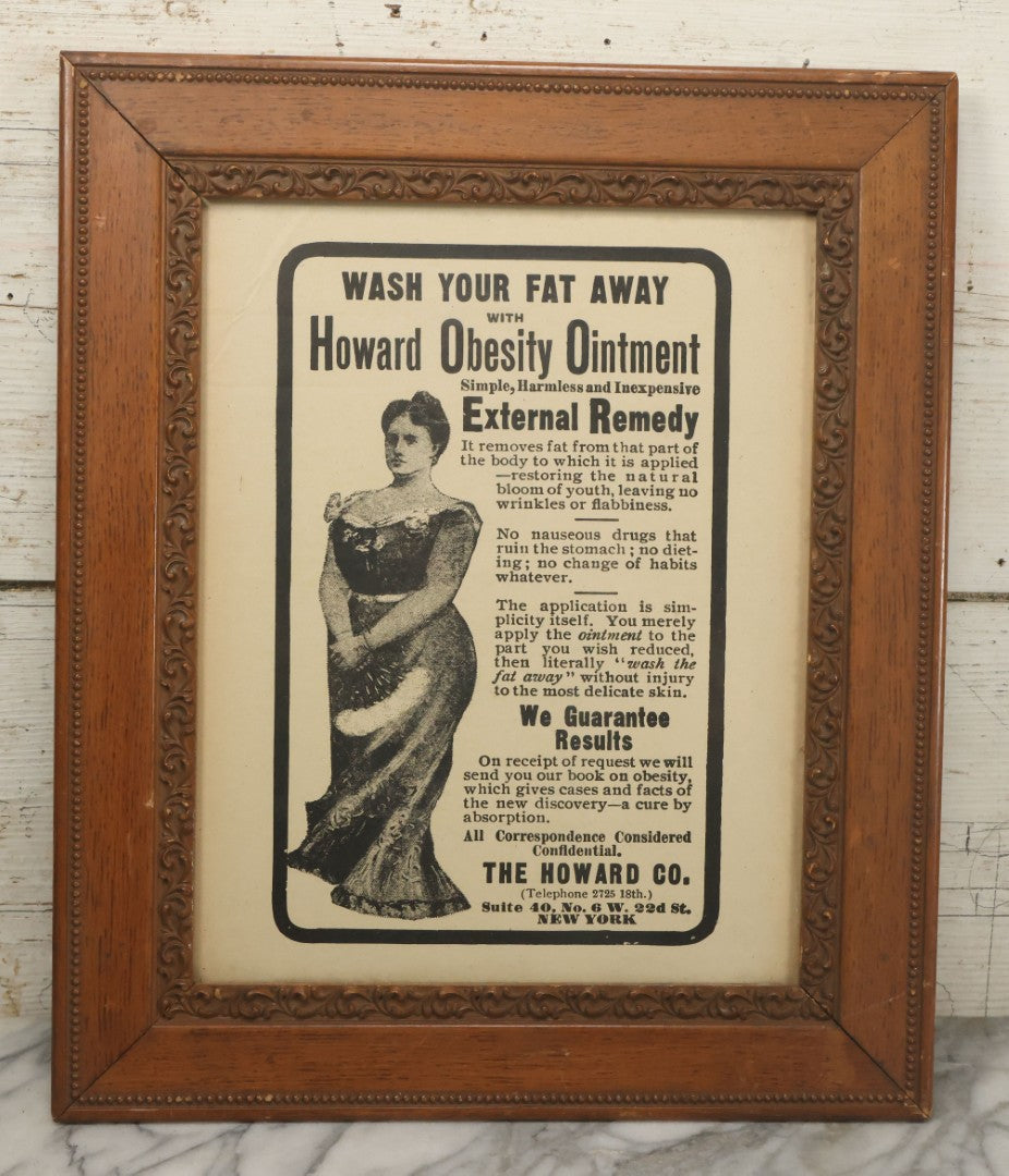 Lot 053 - Antique Howard Obesity Ointment "Wash Your Fat Away" Medical Advertising Poster, The Howard Co., New York, New York, In Frame, 15-3/8" x 18-3/8"