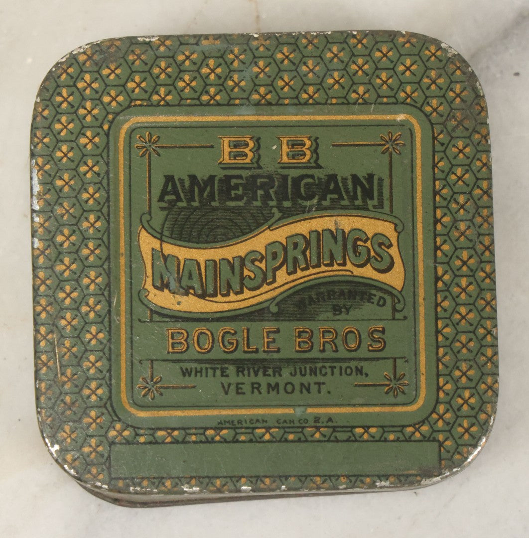 Lot 074 - Antique B.B. American Maintsprings Tin, Bogle Bros., White River Junction, Vermont, Tin By American Can Co., With Contents