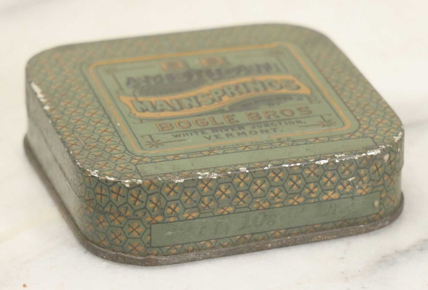 Lot 074 - Antique B.B. American Maintsprings Tin, Bogle Bros., White River Junction, Vermont, Tin By American Can Co., With Contents