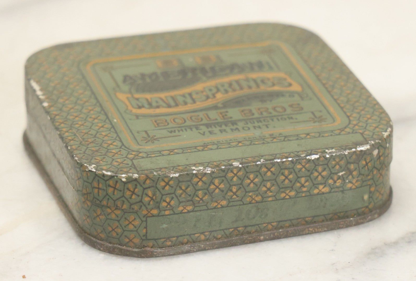 Lot 074 - Antique B.B. American Maintsprings Tin, Bogle Bros., White River Junction, Vermont, Tin By American Can Co., With Contents