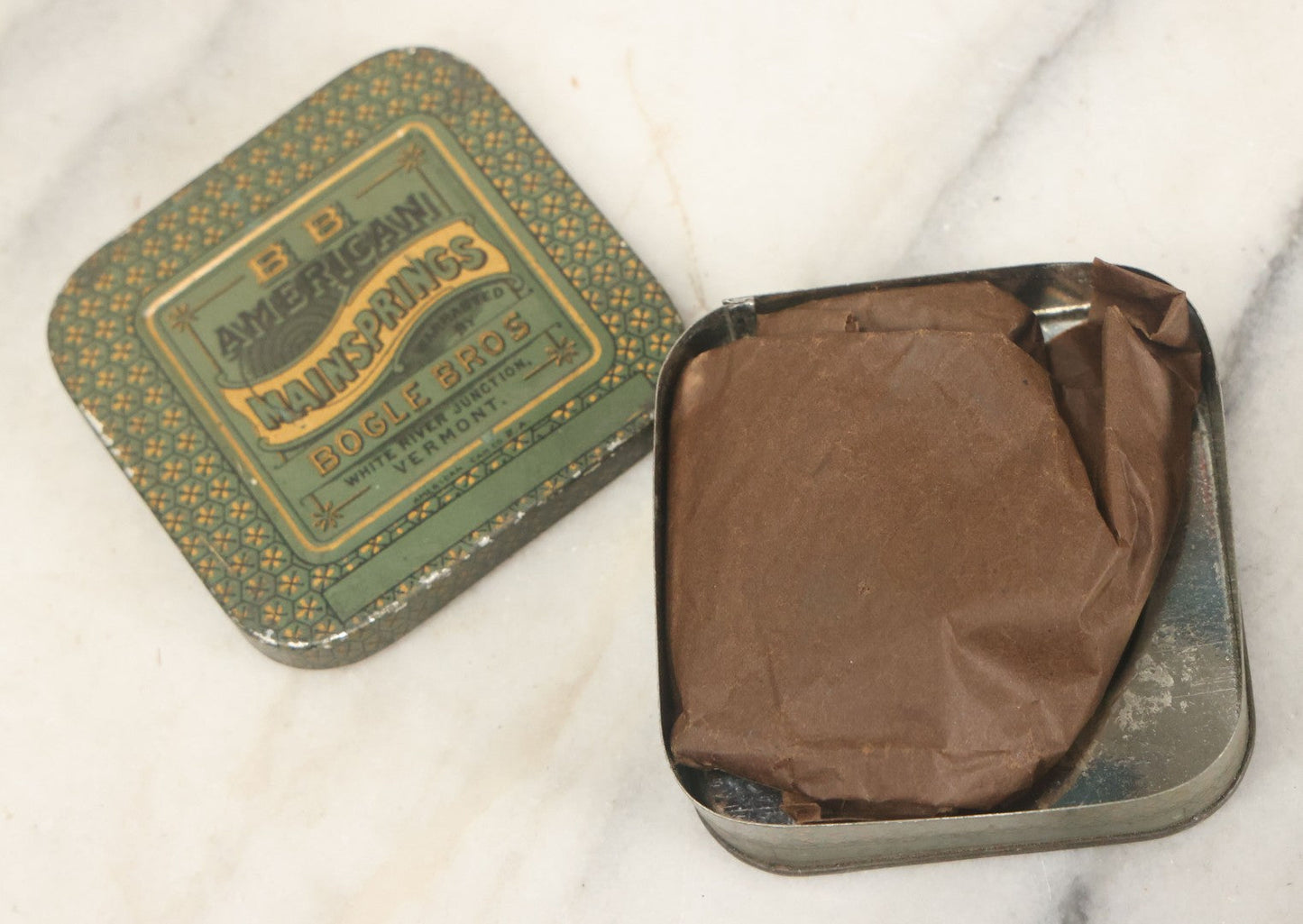 Lot 074 - Antique B.B. American Maintsprings Tin, Bogle Bros., White River Junction, Vermont, Tin By American Can Co., With Contents