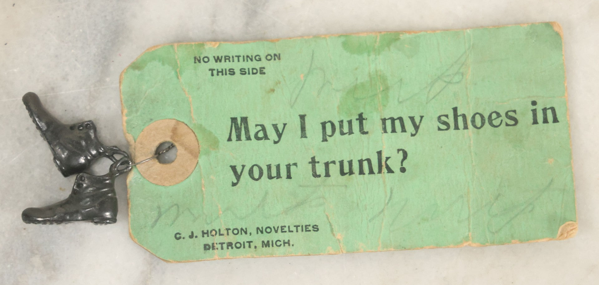 Lot 077 - Antique "May I Put My Shoes In Your Trunk?" Miniature Metal Shoes On Tag Mailable Novelty, By C.J. Holton Novelties, Detroit, Michigan, From Grandpa
