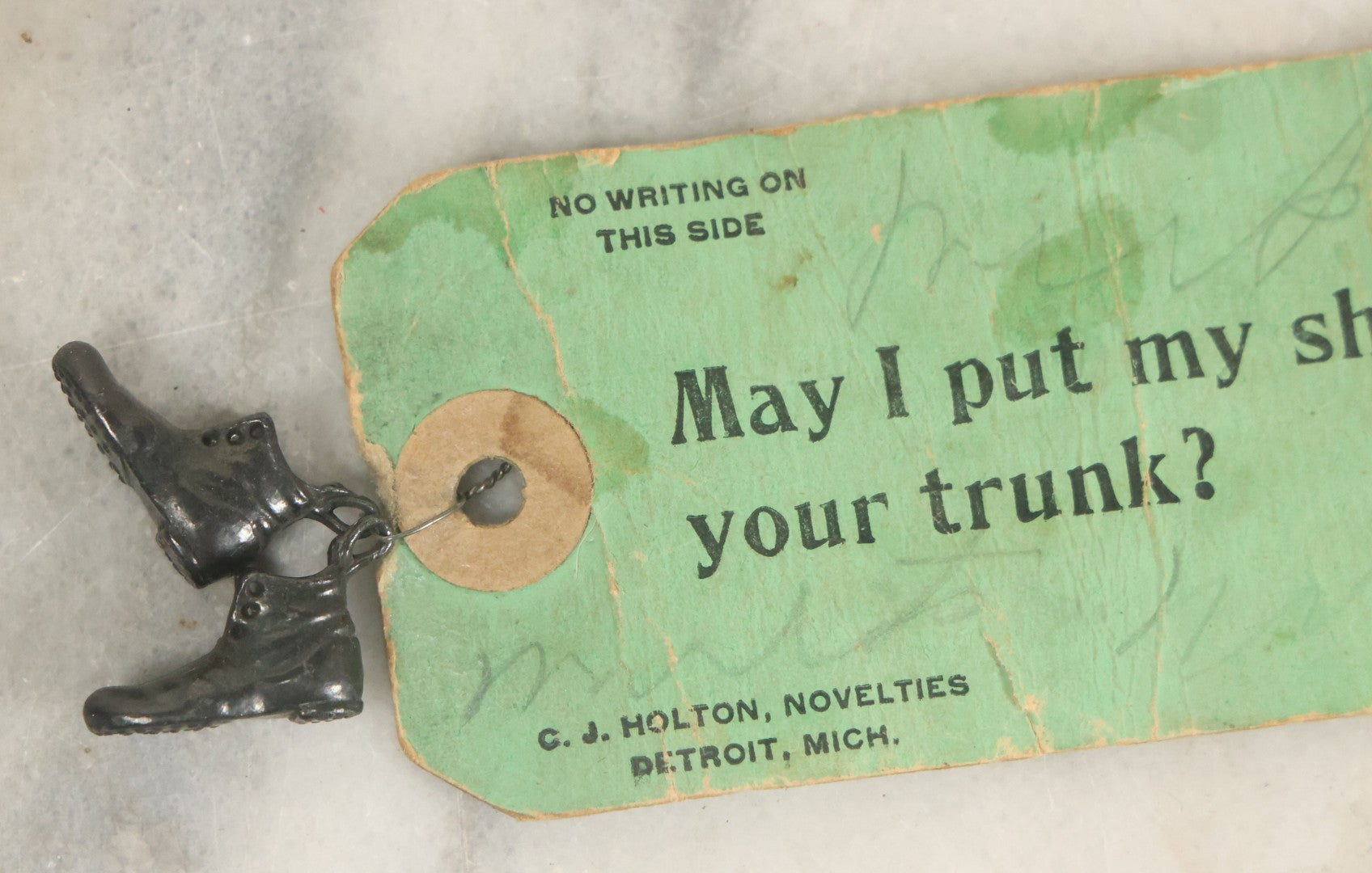 Lot 077 - Antique "May I Put My Shoes In Your Trunk?" Miniature Metal Shoes On Tag Mailable Novelty, By C.J. Holton Novelties, Detroit, Michigan, From Grandpa