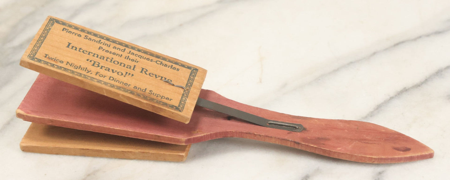 Lot 079 - Antique International Casino, New York City Clapper Noise Maker Novelty, "Pierre Sandrini & Jacques-Charles Present Their International Revue 'Bravo!'"
