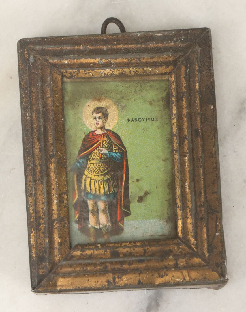 Lot 082 - Antique Miniature Greek Christian Icon, Saint Phanourios, Patron Saint Of Lost Objects, In Metal Frame
