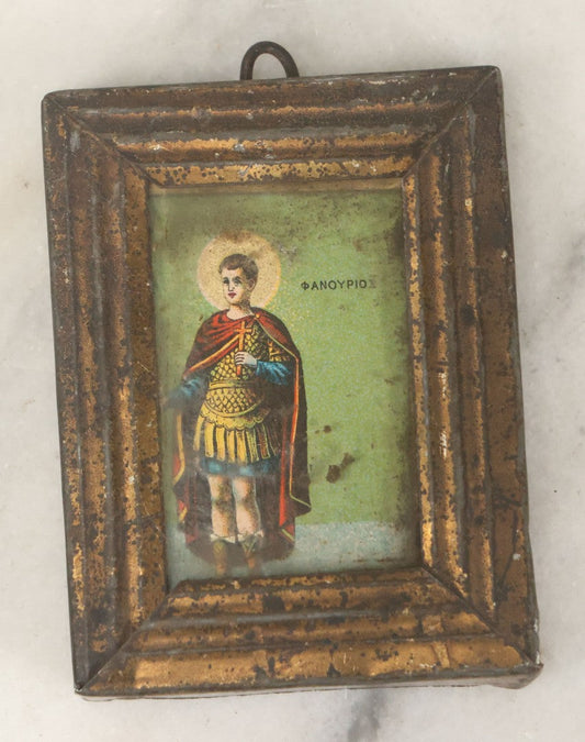 Lot 082 - Antique Miniature Greek Christian Icon, Saint Phanourios, Patron Saint Of Lost Objects, In Metal Frame