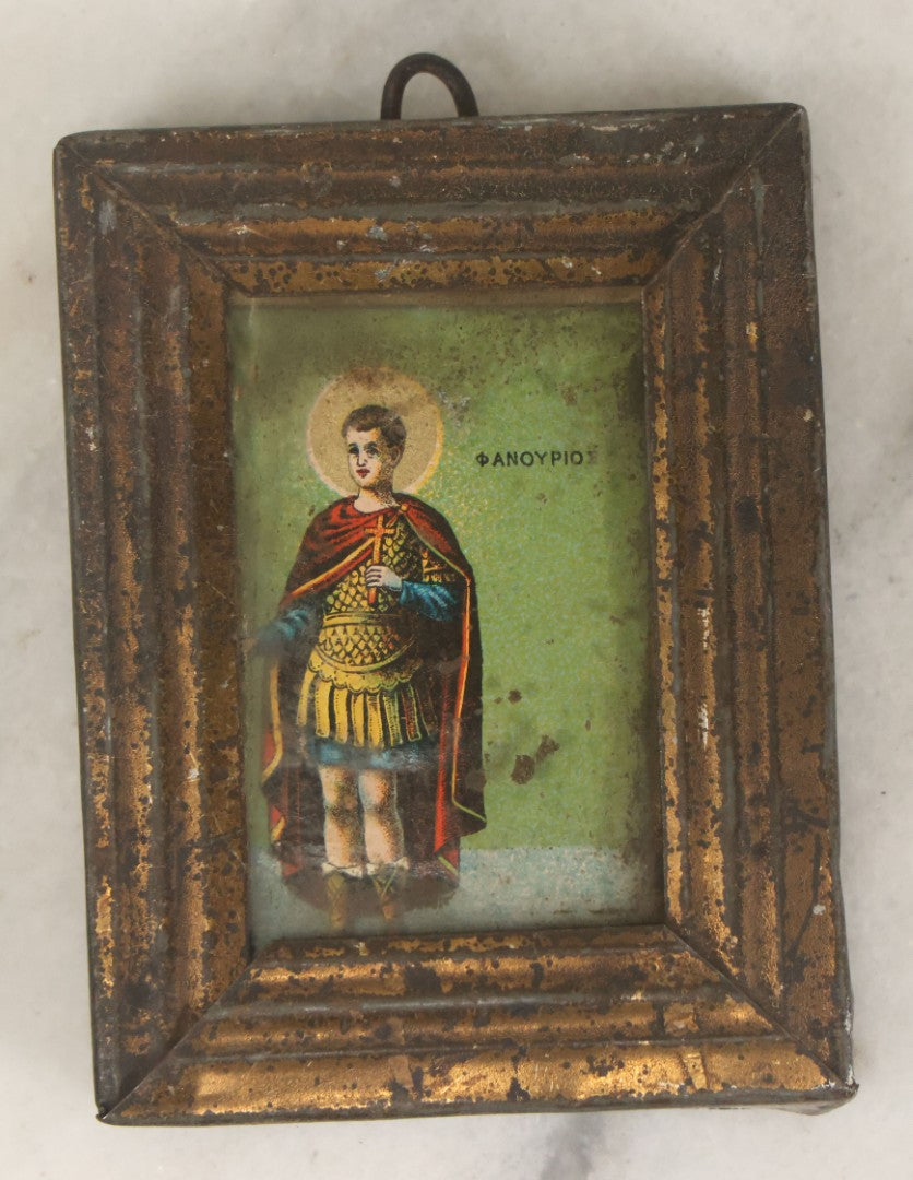 Lot 082 - Antique Miniature Greek Christian Icon, Saint Phanourios, Patron Saint Of Lost Objects, In Metal Frame