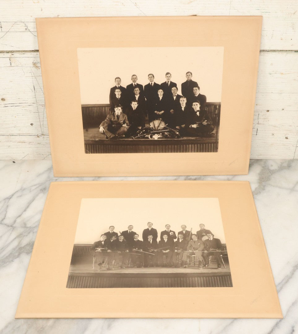 Lot 089 - Pair Of Antique Boarded Photographs Of A Band Posing With Their Instruments, Including String, Drums, And Horns, 14" x 11"