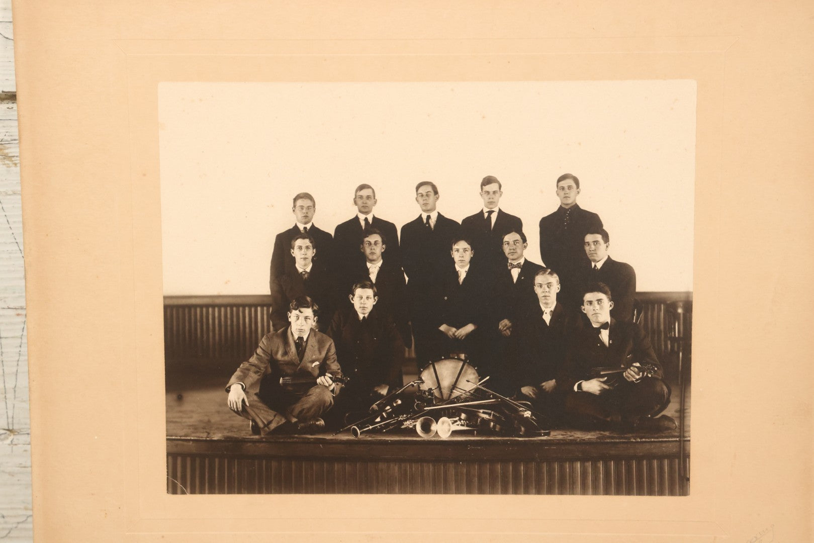 Lot 089 - Pair Of Antique Boarded Photographs Of A Band Posing With Their Instruments, Including String, Drums, And Horns, 14" x 11"