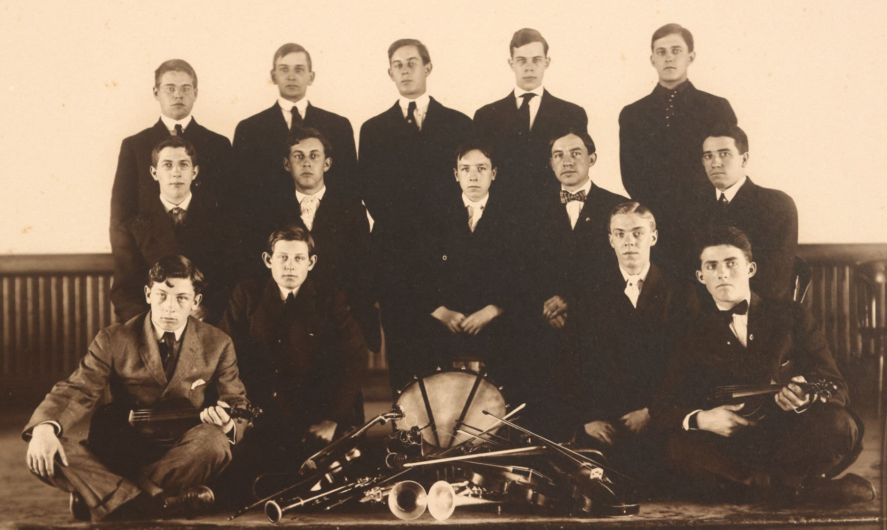 Lot 089 - Pair Of Antique Boarded Photographs Of A Band Posing With Their Instruments, Including String, Drums, And Horns, 14" x 11"