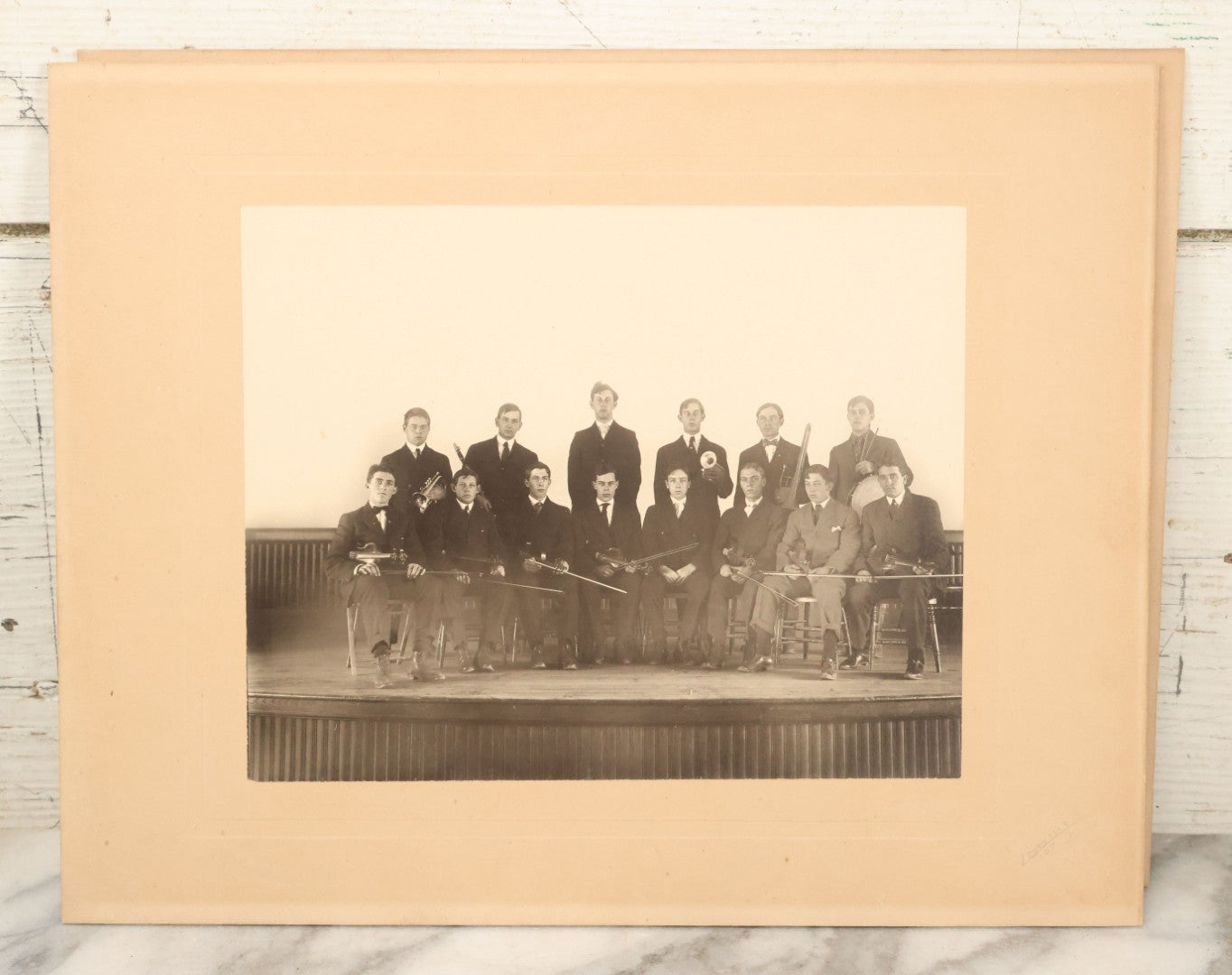 Lot 089 - Pair Of Antique Boarded Photographs Of A Band Posing With Their Instruments, Including String, Drums, And Horns, 14" x 11"