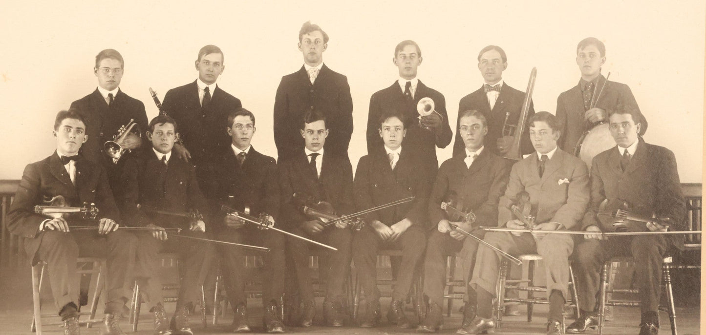 Lot 089 - Pair Of Antique Boarded Photographs Of A Band Posing With Their Instruments, Including String, Drums, And Horns, 14" x 11"