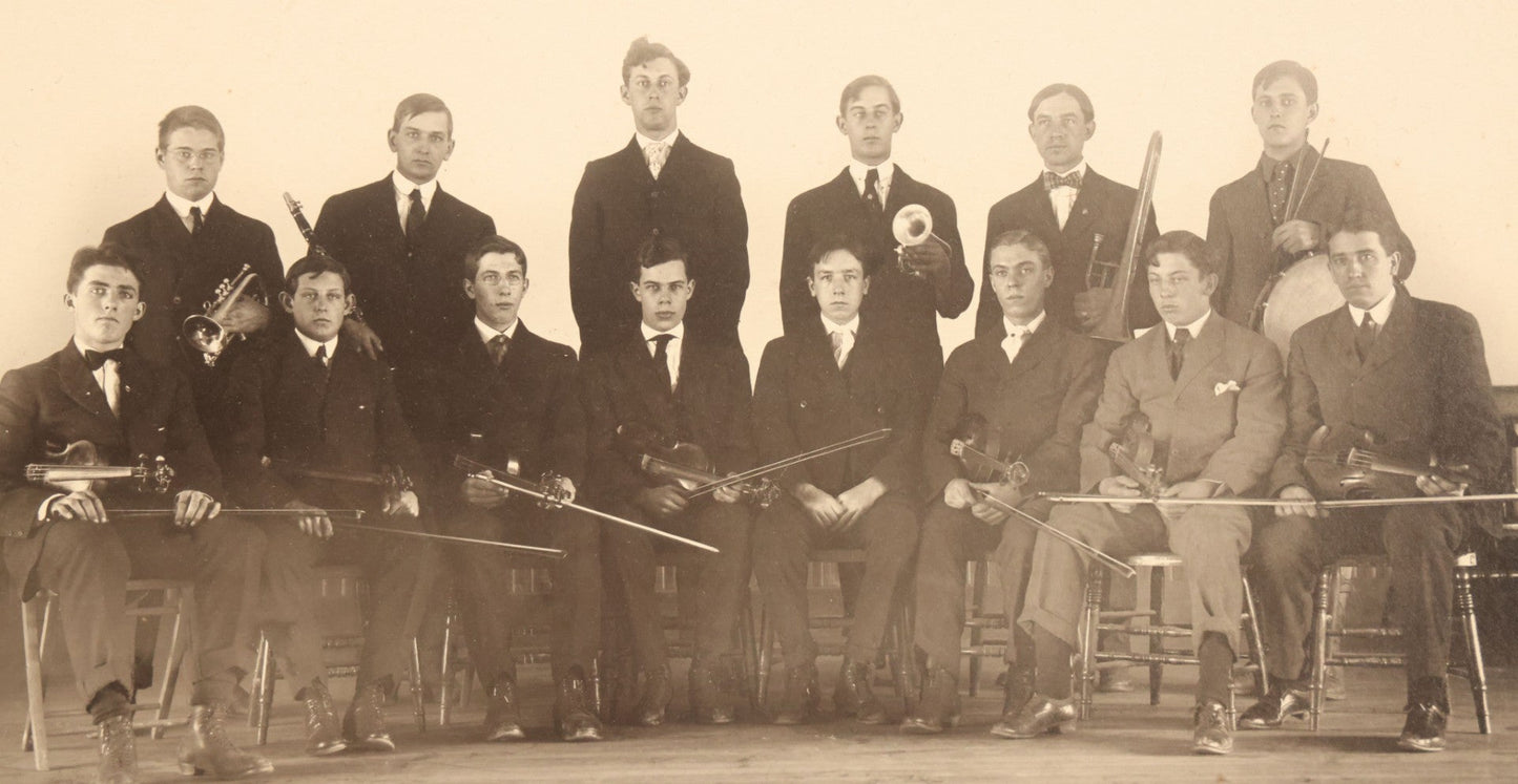 Lot 089 - Pair Of Antique Boarded Photographs Of A Band Posing With Their Instruments, Including String, Drums, And Horns, 14" x 11"
