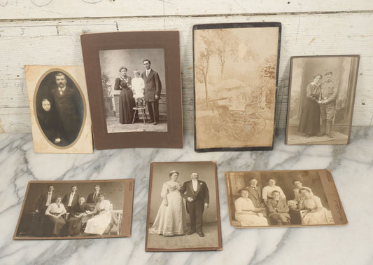 Lot 097 - Grouping Of Seven Antique Cabinet Card Photographs, Mostly German, Including Children In Pram, Woman In Mourning, Etc., Photographers Out Of Berlin 