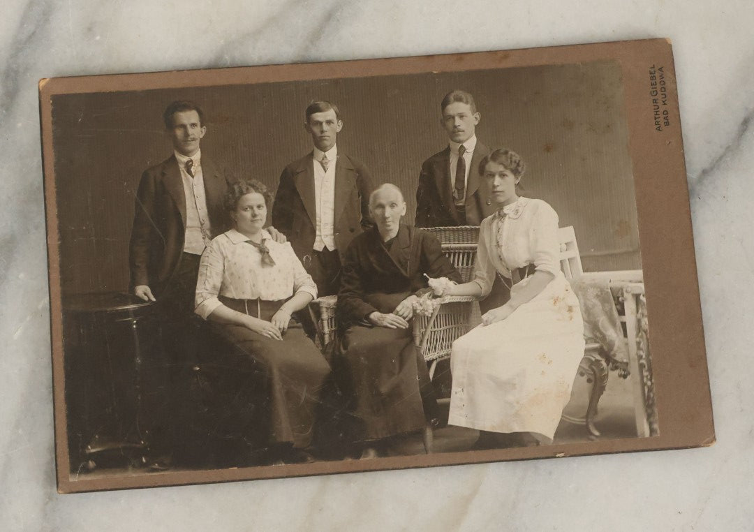 Lot 097 - Grouping Of Seven Antique Cabinet Card Photographs, Mostly German, Including Children In Pram, Woman In Mourning, Etc., Photographers Out Of Berlin 