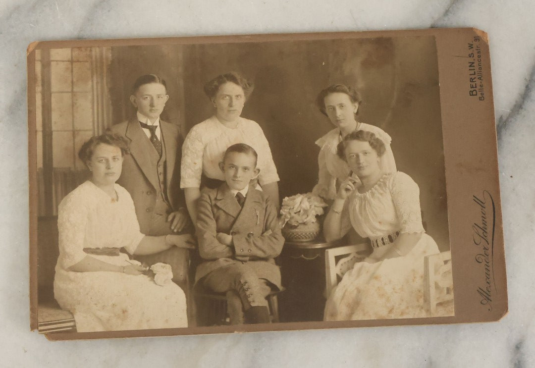 Lot 097 - Grouping Of Seven Antique Cabinet Card Photographs, Mostly German, Including Children In Pram, Woman In Mourning, Etc., Photographers Out Of Berlin 