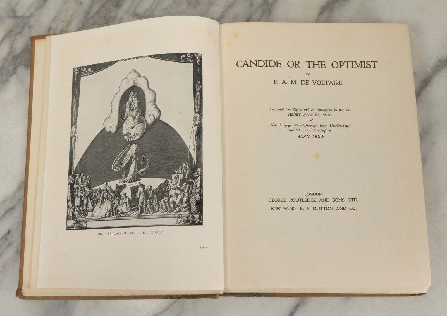 Lot 100 - "Candide Or The Optimist" Antique Book By F. A. M. De Voltaire, Translated Into English By Henry Morley, Illustrated By Alan Odle, George Routledge And Sons Ltd., London, And E.P. Dutton And Co., New York, Publishers, Early 20th Century