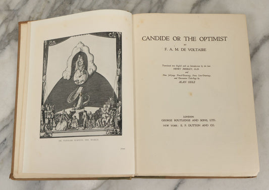 Lot 100 - "Candide Or The Optimist" Antique Book By F. A. M. De Voltaire, Translated Into English By Henry Morley, Illustrated By Alan Odle, George Routledge And Sons Ltd., London, And E.P. Dutton And Co., New York, Publishers, Early 20th Century