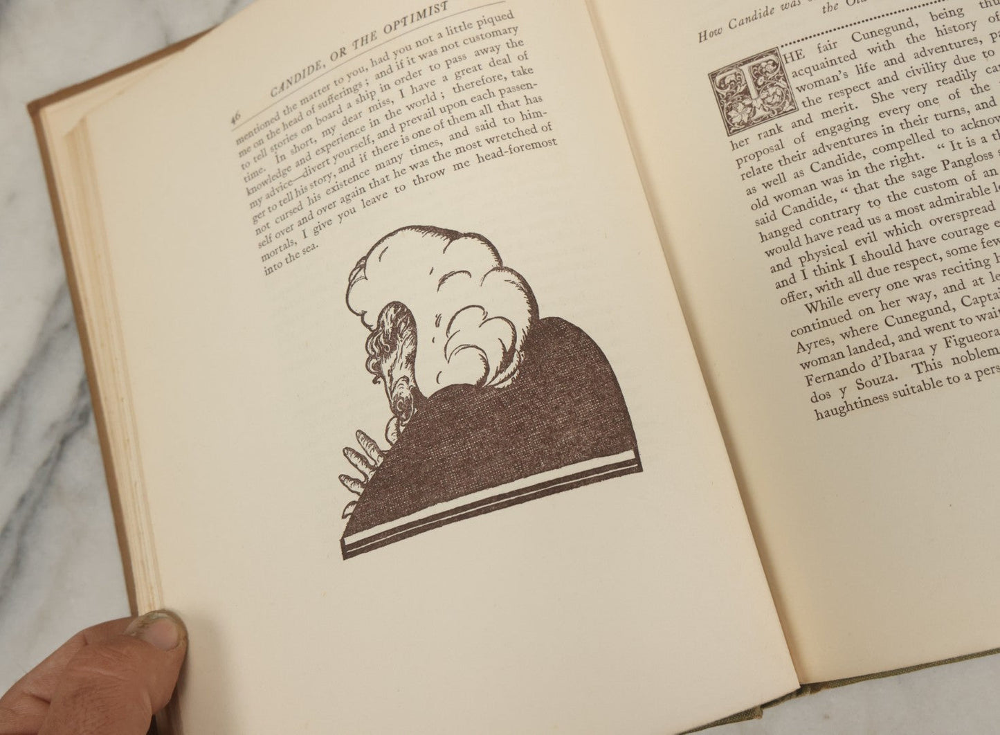 Lot 100 - "Candide Or The Optimist" Antique Book By F. A. M. De Voltaire, Translated Into English By Henry Morley, Illustrated By Alan Odle, George Routledge And Sons Ltd., London, And E.P. Dutton And Co., New York, Publishers, Early 20th Century