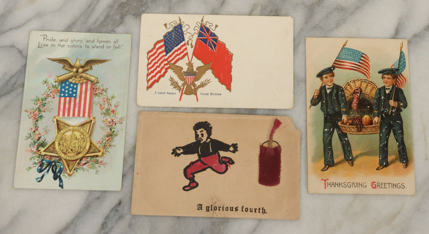 Lot 113 - Grouping Of Four Antique Patriotic Postcards Including 4th Of July, Grand Army Of The Republic, United States & Great Britain, Thanksgiving Greetings