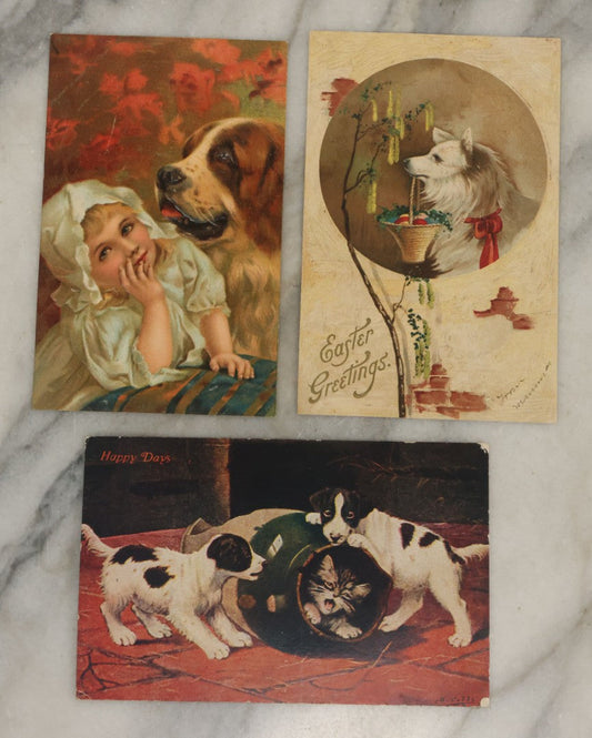 Lot 114 - Grouping Of Three Antique Dog Postcards Including Little Girl With St. Bernard, Happy Days With Puppies And Kitten, And Easter Greetings