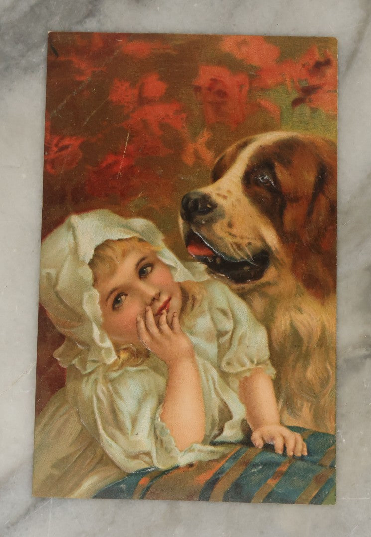 Lot 114 - Grouping Of Three Antique Dog Postcards Including Little Girl With St. Bernard, Happy Days With Puppies And Kitten, And Easter Greetings