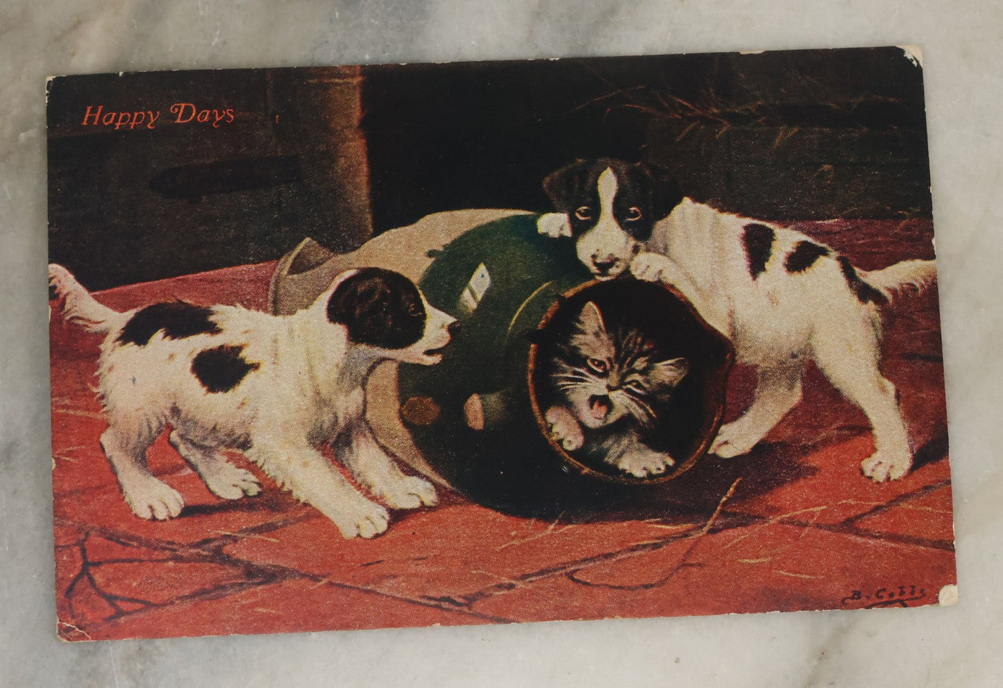 Lot 114 - Grouping Of Three Antique Dog Postcards Including Little Girl With St. Bernard, Happy Days With Puppies And Kitten, And Easter Greetings