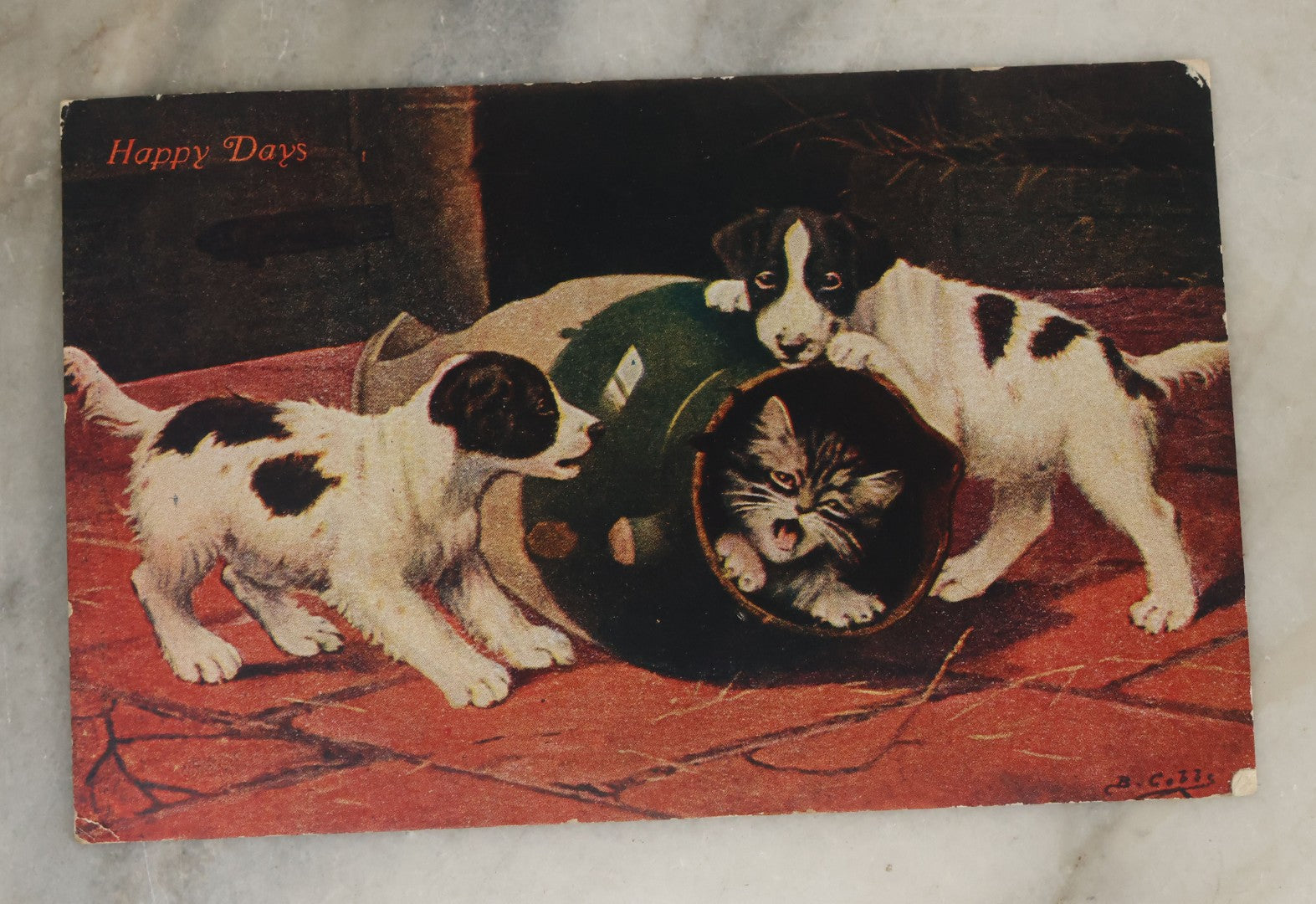 Lot 114 - Grouping Of Three Antique Dog Postcards Including Little Girl With St. Bernard, Happy Days With Puppies And Kitten, And Easter Greetings