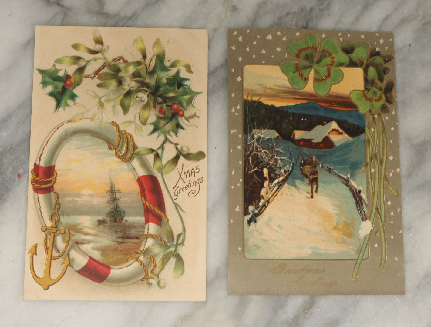 Lot 115 - Grouping Of Eight Antique And Vintage Christmas Postcards Including White Lamb, Nautical Theme, And Santa