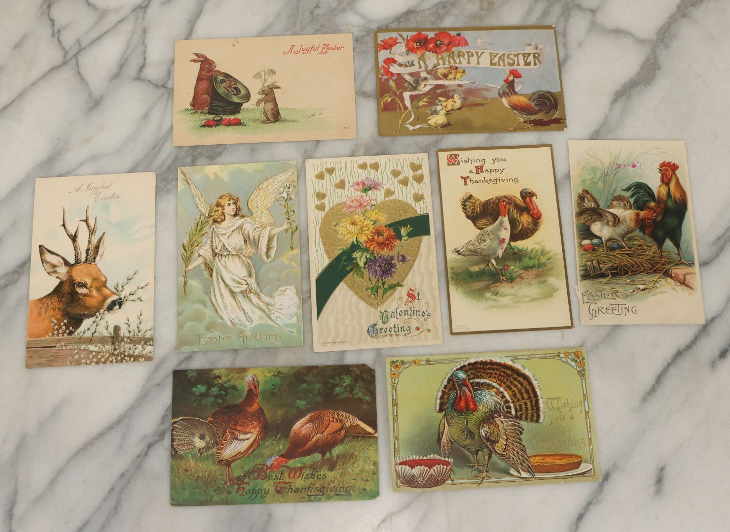 Lot 116 - Grouping Of Nine Various Antique Holiday Postcards Including Thanksgiving, Easter, And Valentine's Day