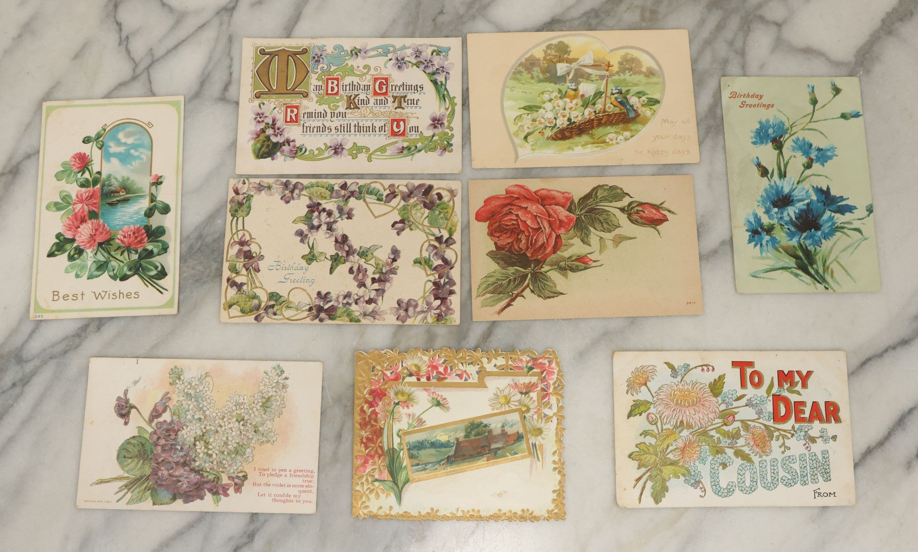 Lot 117 - Grouping Of Nine Various Antique General Greeting Postcards Including Birthday Greetings, To My Dear Cousin, Best Wishes, Etc.