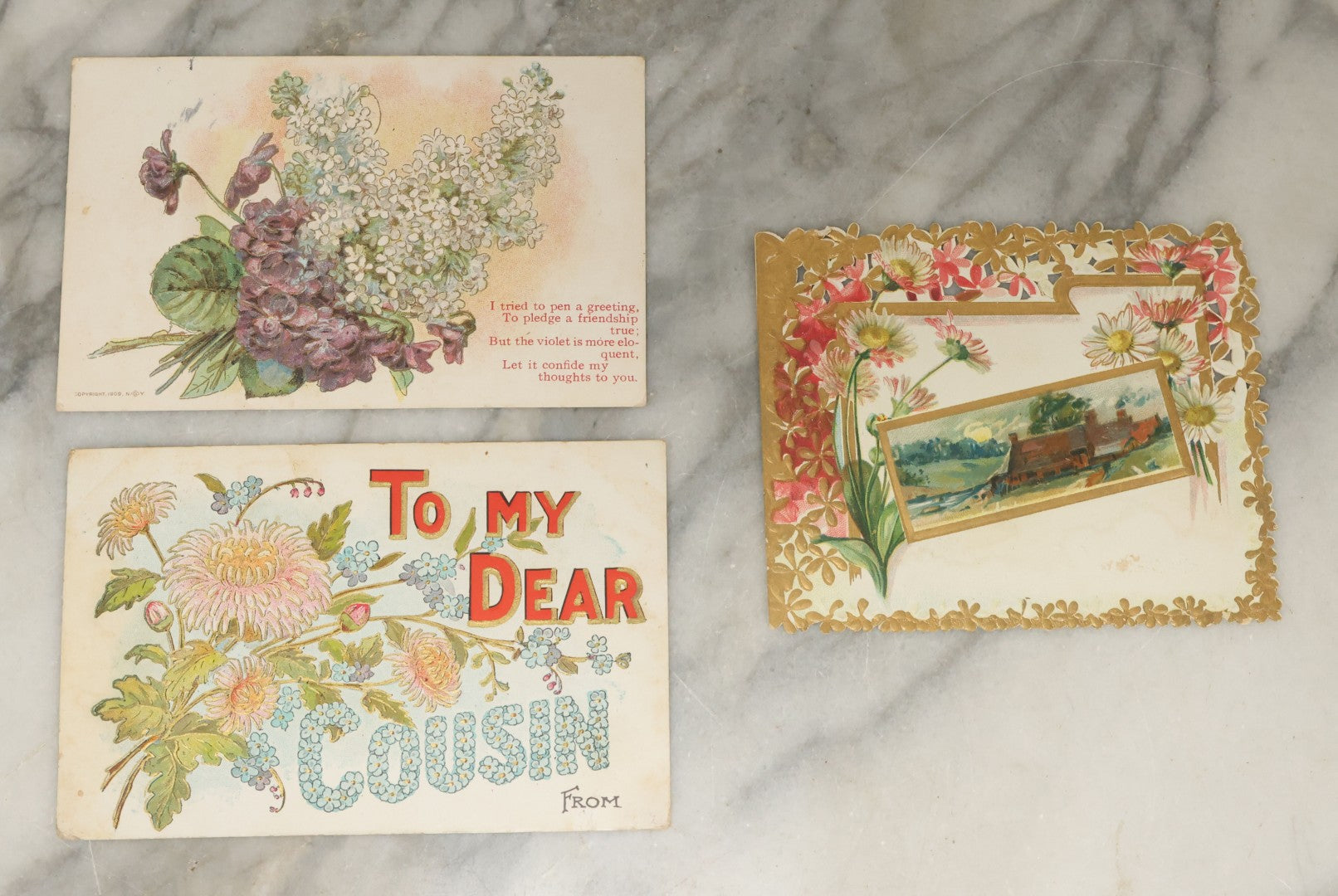Lot 117 - Grouping Of Nine Various Antique General Greeting Postcards Including Birthday Greetings, To My Dear Cousin, Best Wishes, Etc.