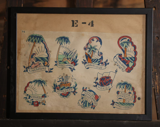 Vintage Handcolored American Traditional Tattoo Flash Sheet With Sailor Jerry Style Designs, For Sailors In The Pacific Including Pearl Harbor, Honolulu, Panama, Mexico, And Singapore Designs, In Modern Frame, 16-3/4" x 13-1/4"