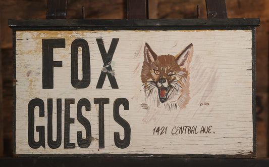 Vintage Handpainted Doublesided Fox Guests Hotel Sign With Painted Fox Head Graphic, 1421 Central Ave Ocean City New Jersey, Artist Signed Joe E., 1974, With Hanging Hooks, 25" x 15-1/4"