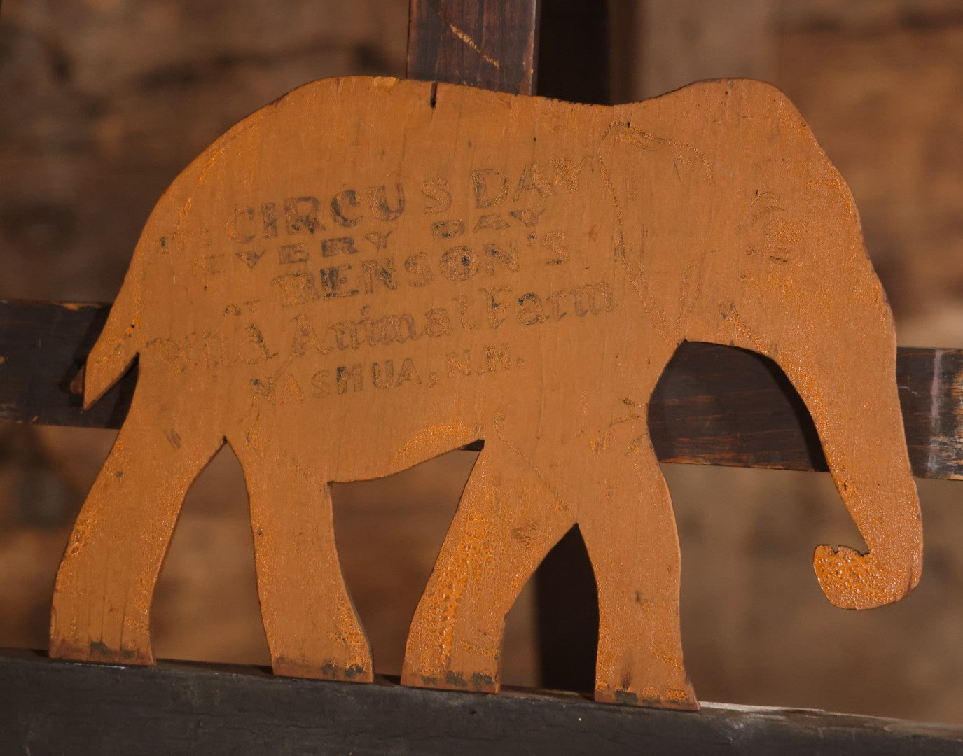 Vintage Hand Painted Wood Cut Elephant Sign From Benson's Wild Animal Farm Zoo And Amusement Park, "Circus Day Every Day," Nashua, New Hampshire, With Yellow Paint, Faded Lettering, 13-1/2" x 9-3/4"