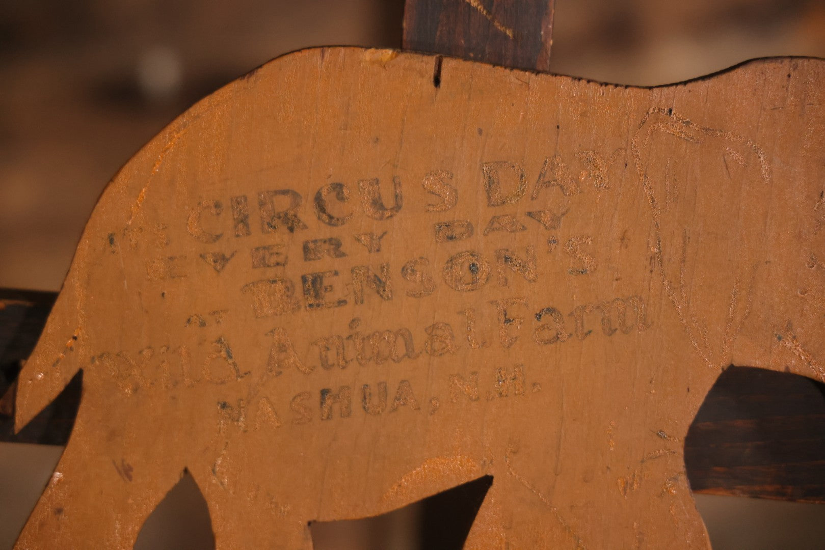 Vintage Hand Painted Wood Cut Elephant Sign From Benson's Wild Animal Farm Zoo And Amusement Park, "Circus Day Every Day," Nashua, New Hampshire, With Yellow Paint, Faded Lettering, 13-1/2" x 9-3/4"