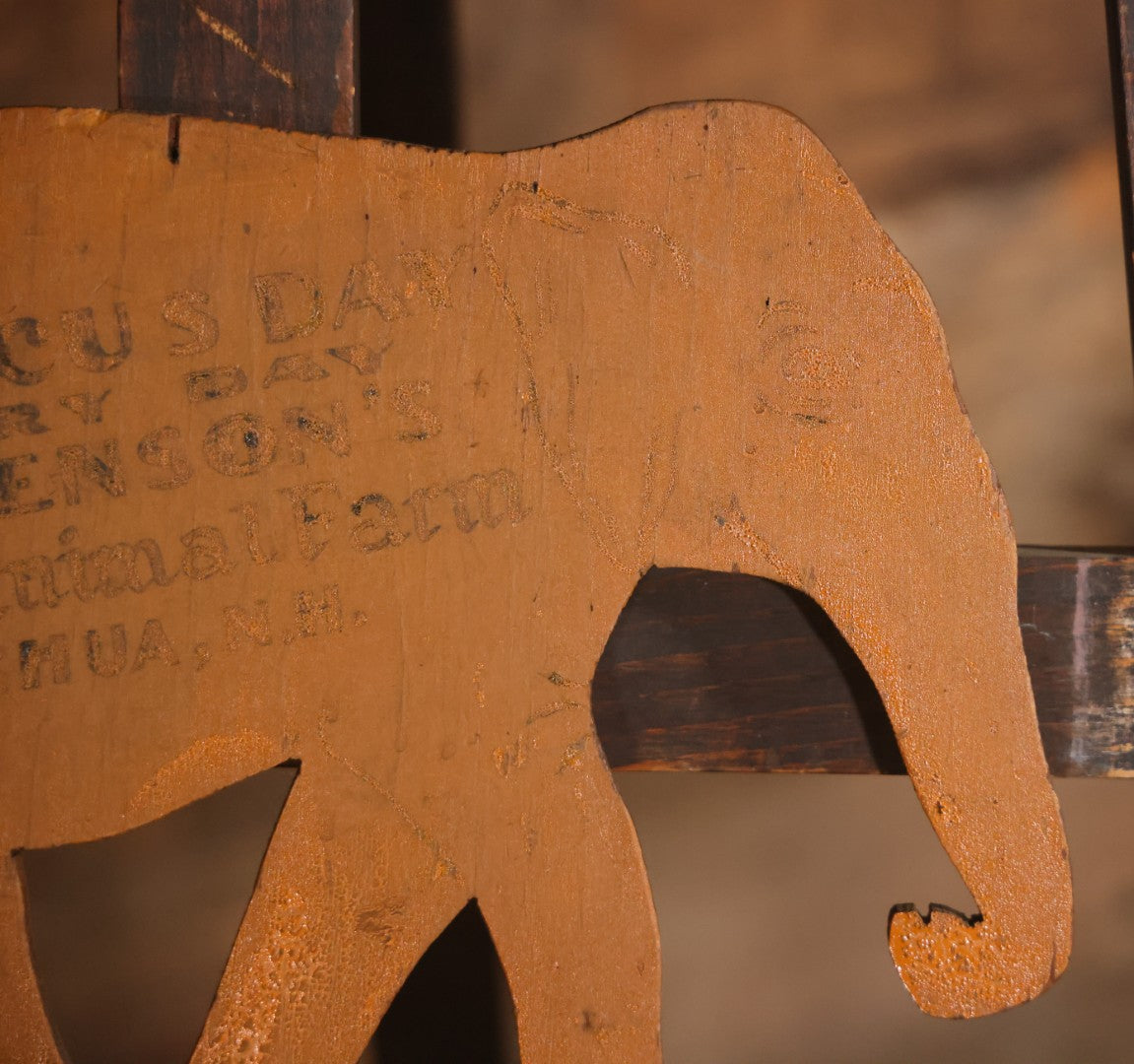 Vintage Hand Painted Wood Cut Elephant Sign From Benson's Wild Animal Farm Zoo And Amusement Park, "Circus Day Every Day," Nashua, New Hampshire, With Yellow Paint, Faded Lettering, 13-1/2" x 9-3/4"
