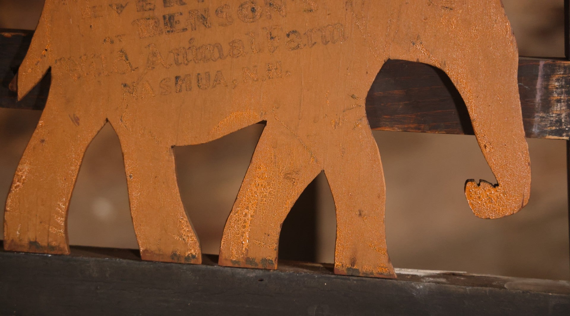 Vintage Hand Painted Wood Cut Elephant Sign From Benson's Wild Animal Farm Zoo And Amusement Park, "Circus Day Every Day," Nashua, New Hampshire, With Yellow Paint, Faded Lettering, 13-1/2" x 9-3/4"