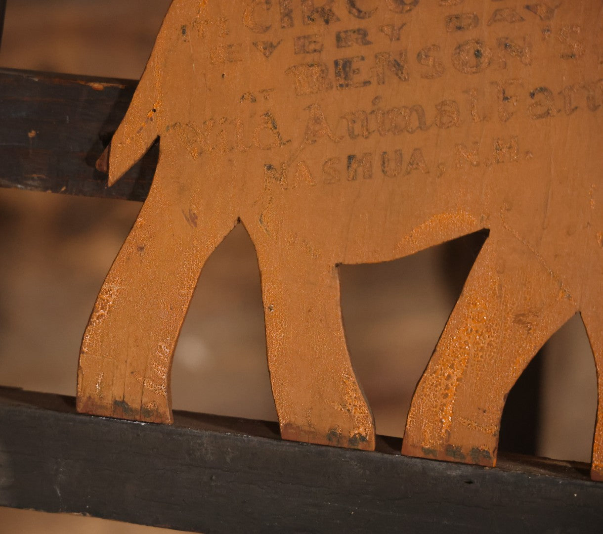 Vintage Hand Painted Wood Cut Elephant Sign From Benson's Wild Animal Farm Zoo And Amusement Park, "Circus Day Every Day," Nashua, New Hampshire, With Yellow Paint, Faded Lettering, 13-1/2" x 9-3/4"