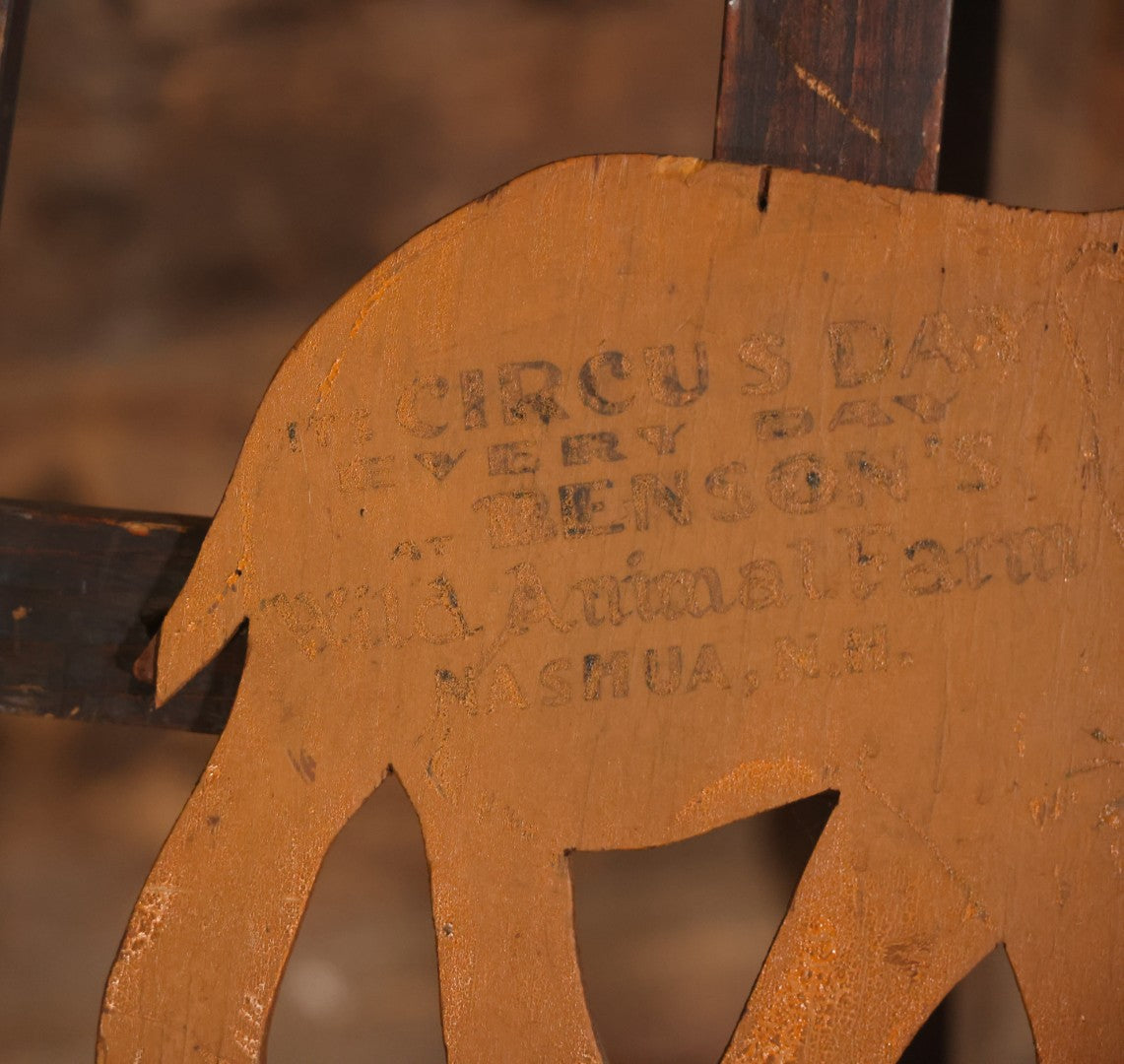 Vintage Hand Painted Wood Cut Elephant Sign From Benson's Wild Animal Farm Zoo And Amusement Park, "Circus Day Every Day," Nashua, New Hampshire, With Yellow Paint, Faded Lettering, 13-1/2" x 9-3/4"