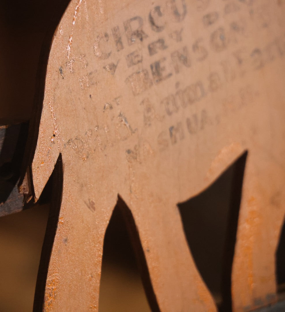Vintage Hand Painted Wood Cut Elephant Sign From Benson's Wild Animal Farm Zoo And Amusement Park, "Circus Day Every Day," Nashua, New Hampshire, With Yellow Paint, Faded Lettering, 13-1/2" x 9-3/4"