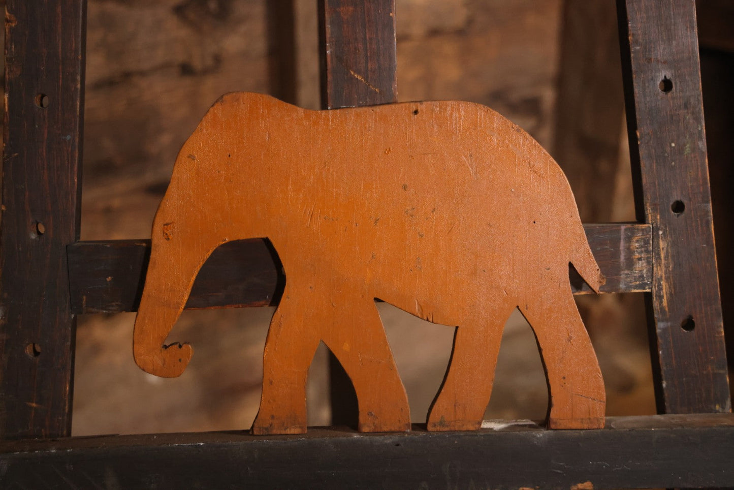Vintage Hand Painted Wood Cut Elephant Sign From Benson's Wild Animal Farm Zoo And Amusement Park, "Circus Day Every Day," Nashua, New Hampshire, With Yellow Paint, Faded Lettering, 13-1/2" x 9-3/4"