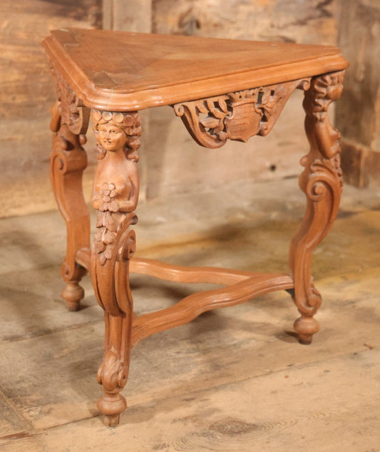 Antique Victorian Three-Sided Carved Wood Figural Side Table With Carvings Of Women Holding Flowers On Corners, 22-1/2" Height